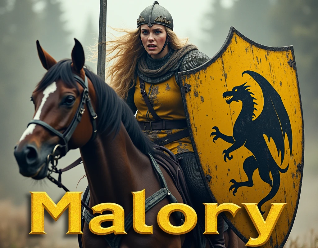 A action movie poster depicting a woman riding a running horse, brandishing a sabre, and carrying a ((large yellow and black shield with black dragon painted)), damaged by fighting. (medieval battered light armour & helmet, very battle-damaged, yellow and black coat of arms), steel gloves. She's angry, clenching teeth, on a lift bridge.  She has pale skin and really long blond hair. (the words "Malory" written in large golden letters in the foreground).