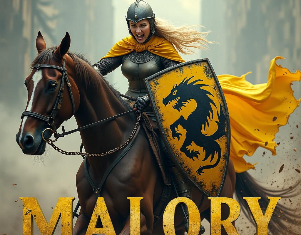 A action movie poster depicting a woman riding a running horse, brandishing a sabre, and carrying a ((large yellow and black shield with black dragon painted)), damaged by fighting. (medieval battered light armour & helmet, very battle-damaged, yellow and black coat of arms), steel gloves. She's angry, clenching teeth, on a lift bridge. She has pale skin and really long blond hair. (the words "Malory" written in large golden letters in the foreground).