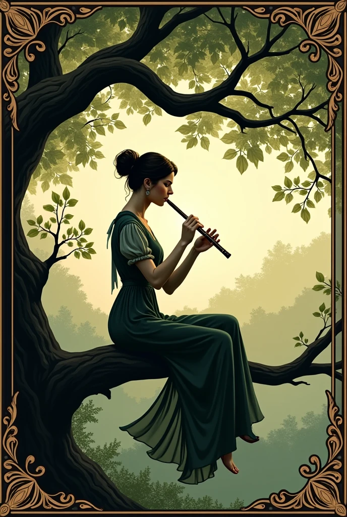 Woman playing the flute with both hands sitting in a tree, Renaissance style.
Very decorated frame, Mucha Style. Seen as a shadow, logo type.
