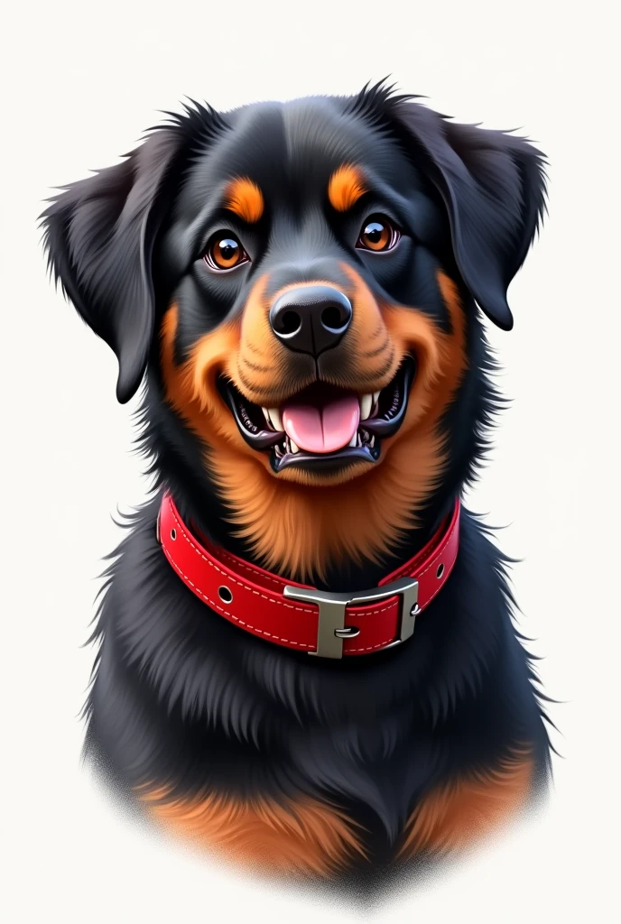 Realistic illustration of a rottweiler dog mixed with a German shepherd, has a red collar, friendly and young face, has drooping ears.


