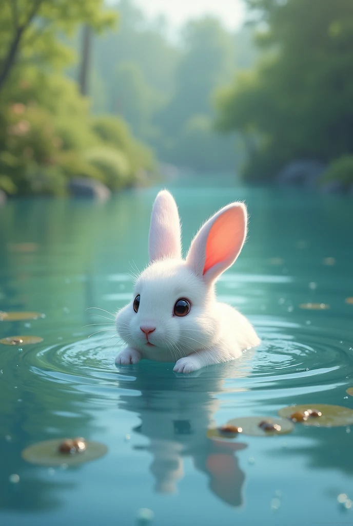 A rabbit swimming in a lake