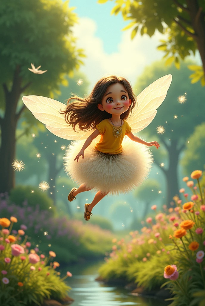 Ria a young and the Fairy playing together: Imagine a scene where Ria the young girl and the fairy are flying on a dandelion seed through the garden.I am animated characters