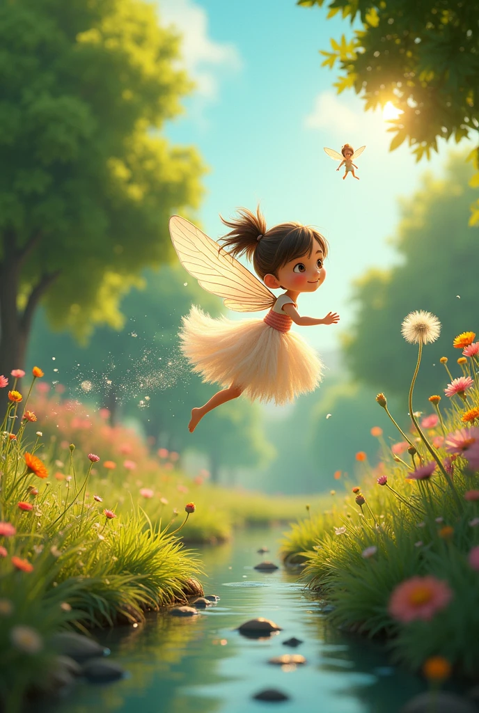 Ria a young and the Fairy playing together: Imagine a scene where Ria the young girl and the fairy are flying on a dandelion seed through the garden.I am animated characters
