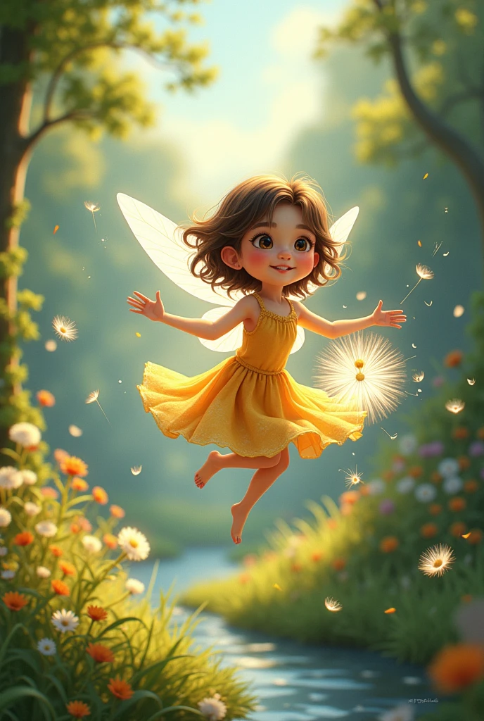 Ria a young and the Fairy playing together: Imagine a scene where Ria the young girl and the fairy are flying on a dandelion seed through the garden.I am animated characters