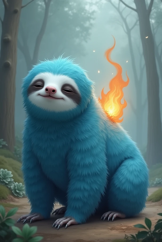 blue sloth white face fire on back sleepy