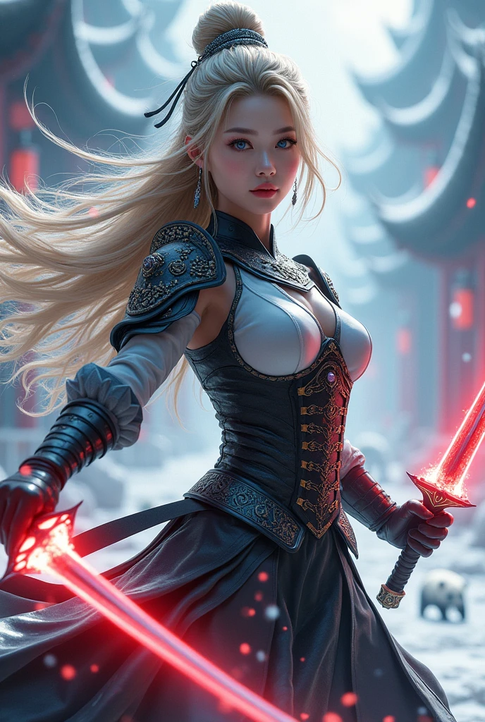 (masterpiece, best quality, beauty, best ratio, best shadows,best Illustration, wallpaper size,1080×2400 pixels,detailed face,pastel colors) 
uhd, china female kungfu, korean beauty like tae yon, dancing, full posture fully visible, shining blue eyes, windblown blonde hair, wear black and white full general armory leather, hand holding dual sword emits red energy, on top the snowing china red bridge. blue sky, panda and snowflake seen on far away.use the RenderMan renderer.digital art.High definition, high contrast,high color saturation,128k,cinematic lighting, intricate,cinematic advertising photograph,cinema lens,high res.