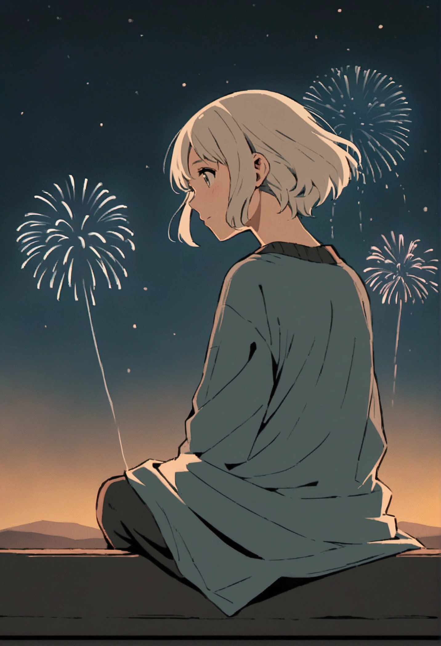 Anime-style illustrations. Light hair and dark shirts and clothes Dressed casually with a loose coat on top。. Beautifully drawn fireworks display, With minimalist lines. The overall color scheme is soft and dark.,More white gives the image a calm, relaxing feel. Ghibli Studio Style