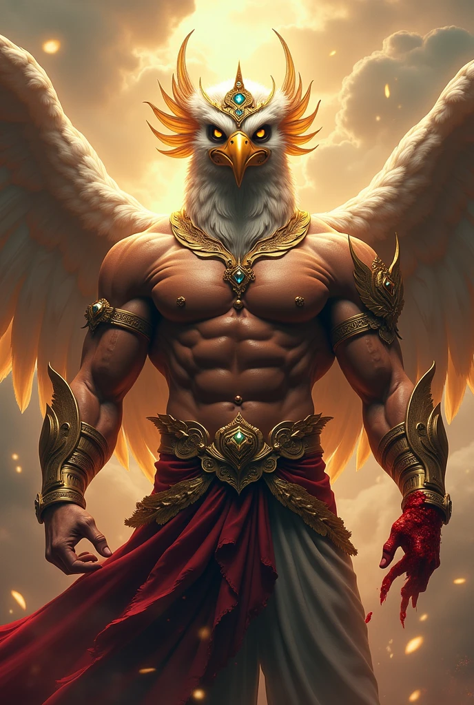 Garuda who is in heaven with a muscular face and arm muscles, a human face, a hawk's face, a golden beak, feathers on the neck, a red body, wearing a diamond crown without horns, a diamond armor on the chest and diamond armor on the wings, wearing Thai pants, and blood flowing from the abdominal muscles.