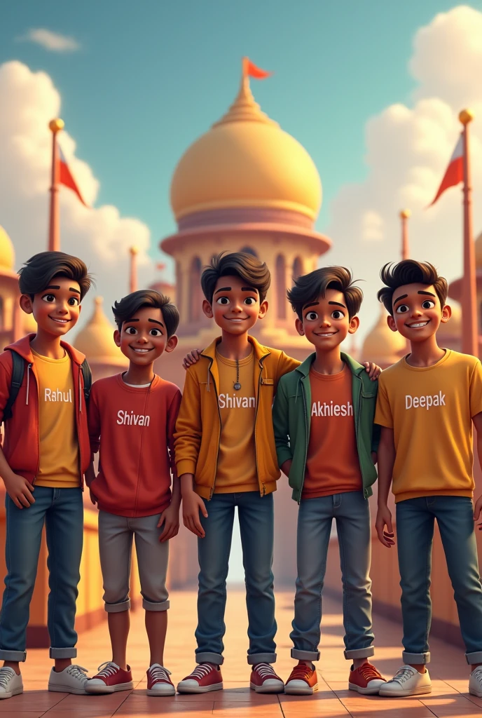 5 friends standing at the gate of Khatu Shyam's rings, one has Rahul written on his chest, second has Shivam written on his chest, third has Akhilesh written on his chest, fourth has Deepak written on his chest and fifth has Sanjay written on his chest, the boy named Sanjay is different from all others.