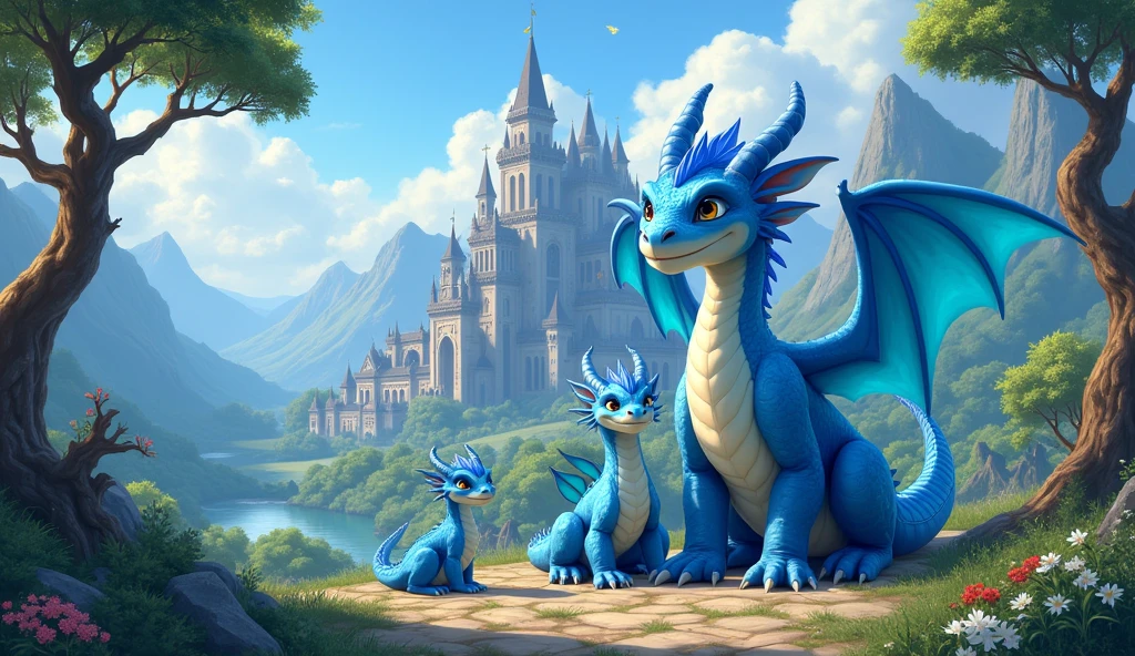 A beautiful dragon kingdom with the blue dragon’s family eagerly waiting. Make the dragon ???'s friendly.