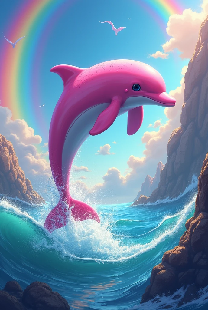 Make a pink dolphin jumping over the water with lots of colors and a rainbow 