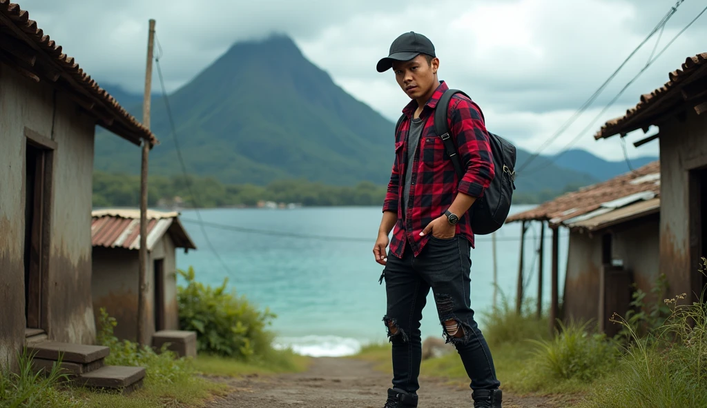 Village from ancient Ternate island, Maluku, Indonesia, beside a ocean and Ternate mountain, a 25yo Indonesian man wearing dark red flannel shirt and dark ripped jeans pants and black hiking hi-shoes with black backward trucker hat, wear dark leather backpack, photoshoot pose, arrogant man expression, there is no peoples