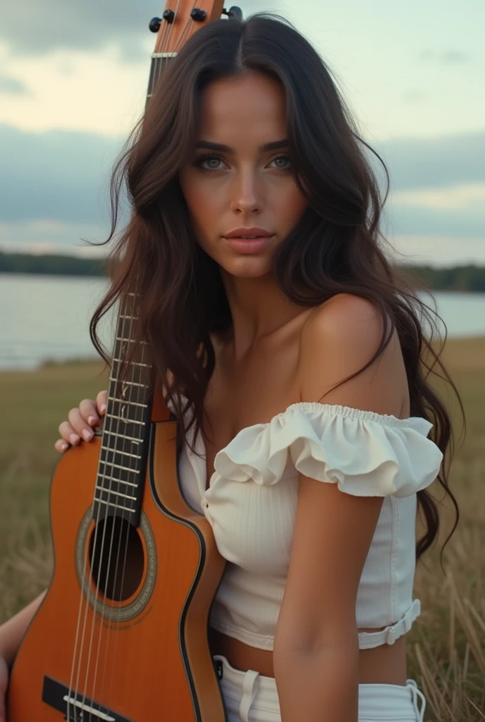 SIDE ANGLE, Megan Fox at 20 years old, very long black hair rapunzel straight wavy, curvy body, guitar body, blue colored eyes, long and delicate natural nails, mouth with shiny texture,gloss labial transparente,with a cat eyeliner, golden glow. wearing very short white shorts, white off the shoulder top. On the grass, cloudy weather in canada 