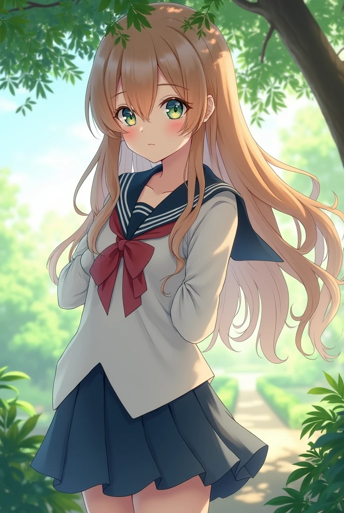 Anime image of an 1 girl, perfect face, Masterpiece, good, St. Emily's School Uniform, Long curly light brown hair, Under the tree in the garden
