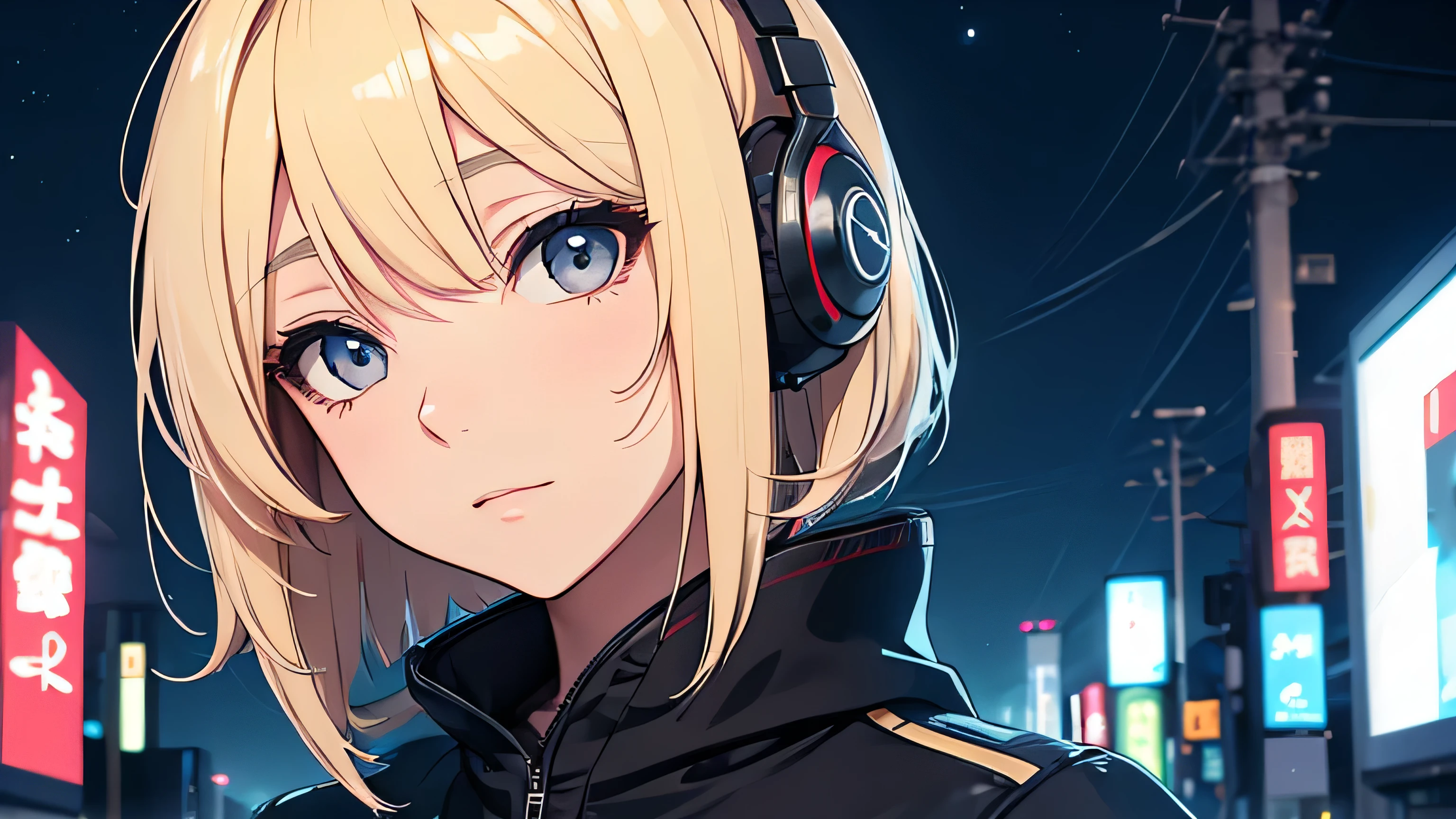 Beautiful girl with blonde bob hair wearing headphones　In the night sky　Boeing　pylon　Japanese anime style