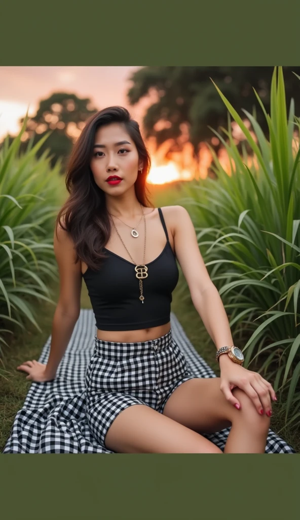 A beautiful Indonesian woman with red lips, long hair, shaggy bangs, tight t-shirt shorts wear necklace letter H bracelet and watch, lying in the middle of the grass on a black and white checked cloth, sunset is very beautiful sky, 
Very bright lighting., fashion