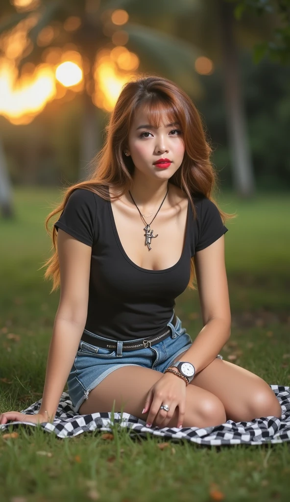 A beautiful Indonesian woman with red lips, long hair, shaggy bangs, tight t-shirt shorts wear necklace letter H bracelet and watch, lying in the middle of the grass on a black and white checked cloth, sunset is very beautiful sky,
Very bright lighting., fashion