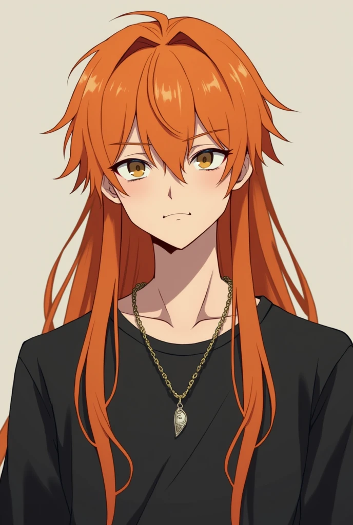 He has extremely long orange hair and hazel eyes, a little moustache and very little beard, almost none at all., wearing a black shirt with a pair of necklaces around his neck "Male" character will look like a talkie character anime character AND MAN 