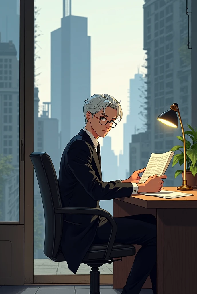 Japanese comic style,Miyazaki manga style,The protagonist is young and handsome,White short hair,Black suit,Gold glasses
