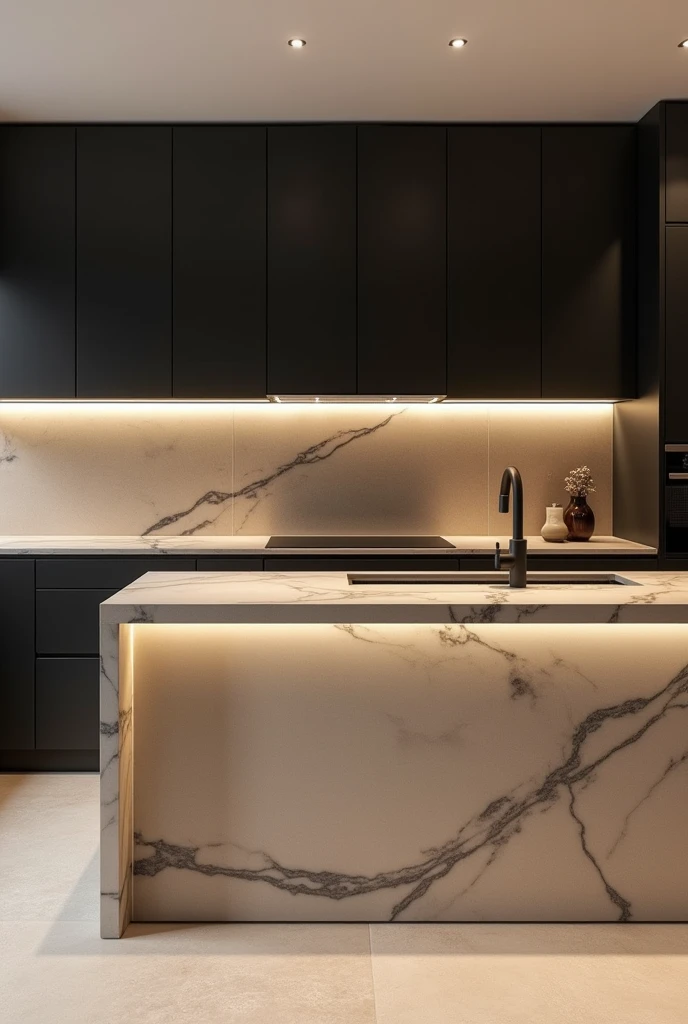 Kitchen with straight countertop in horizontal line, cabinets with black MDF and wooden MDF in the same proportion, with strategic lighting, the countertop stone in a lighter color with gray streaks and the beige floor. With minimalist features that evoke elegance and luxury