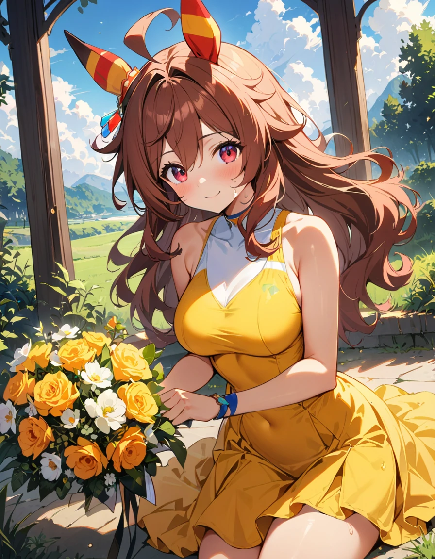 ((16k, highest quality, master piece: 1.2, super detailed, super high resolution, super detailed)),  1 girl, Copano Ricky \(umamusume\),  beautiful detailed face, beautiful detailed eyes, soft expression, slim Beautiful figure, curvaceous, slender arms, graceful hands, delicate fingers, slim wrists, elegant neck, bare shoulders, smooth skin, Holding a bouquet, blue sky, on the grass, sweat, smile:1.6,Official costume, competition uniform, yellow dress, victory interview