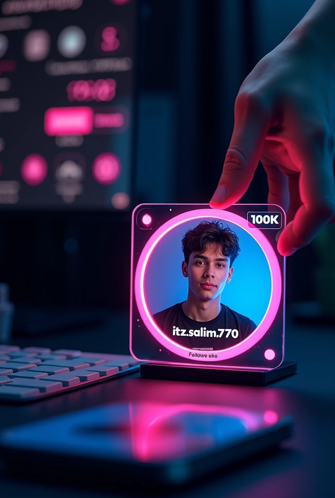 creat a instagram profile and glass id card on a black desk displaying instagram logo and realistic profile photo of a age boy in circle and " itz.salim.770 " is written in bold fonts under the profile photo and "100k follower" written the instagram card is glowing in pink and blue color on the edge, one corner is held with two finger