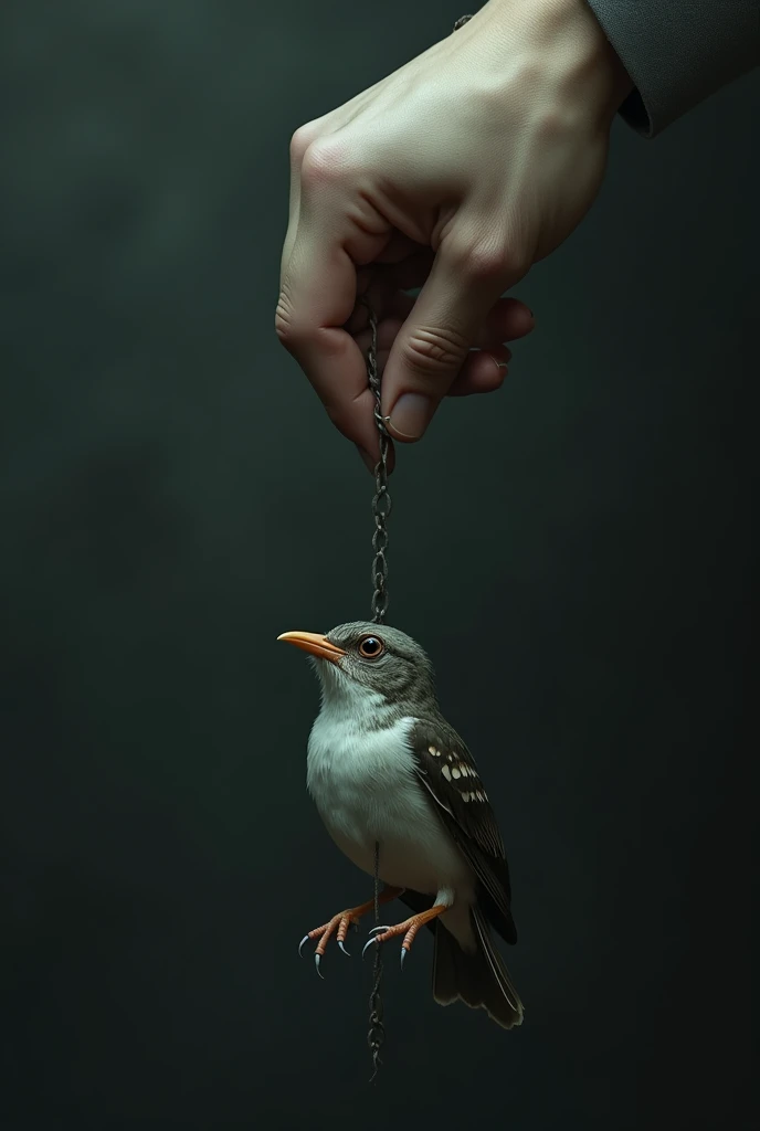a fragile bird being hanged by the neck by a hand on a dark background