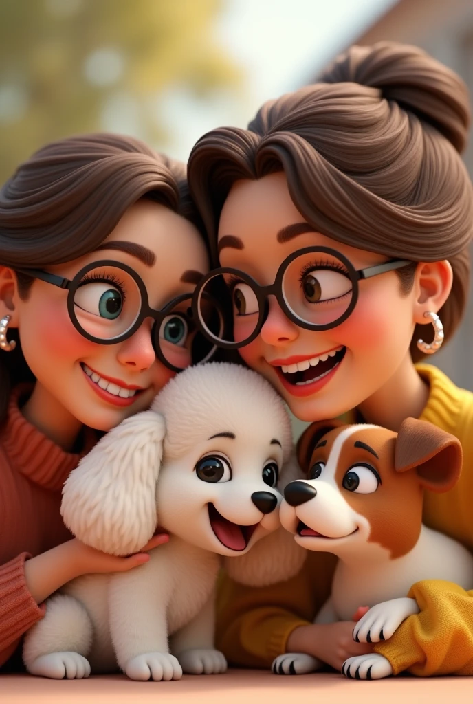 Instagram photo of a 3 woman with big glasses, tender, smiling, pearl hoops, somewhat unstructured, brown hair up, with a part in the middle, playing and hugging his two dogs, un caniche blanco cachorro tierno y un perro Jack Russell con mancha en el ojo marron tierno y smiling personaje de animación, stylized character, animation style rendering, 3D stylized, Render 3D stylized, Toon render keyshot, 3D character, 3D character, Stylized 3D rendering, 3d character rendering, cartoon character, Close-up character, Character pose, (pixar style) (master part:1.2) (bokeh) (Best Quality) (detailed skin) (detailed texture) (8k) ( clay) (cinematic lighting) (sharp focus
