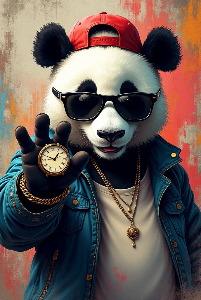 An animated graffiti-style panda wearing black sunglasses with a cap backwards showing his hand with a clock on it