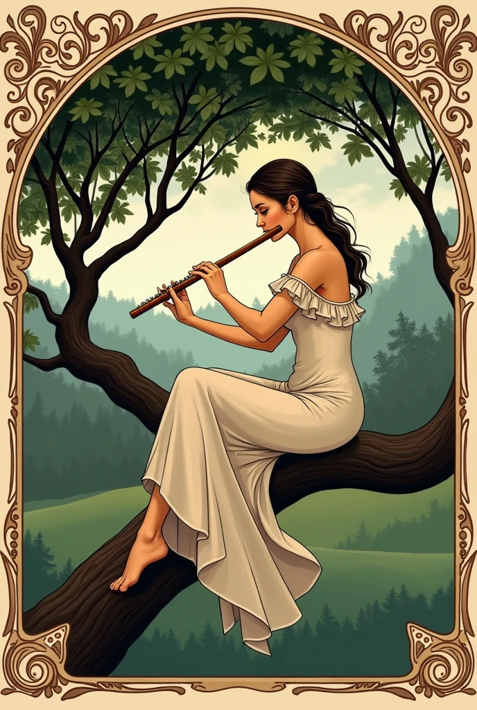 Woman playing the flute with both hands sitting in a tree, Renaissance style.
Very decorated frame, Mucha Style. Seen as a shadow, logo type.
