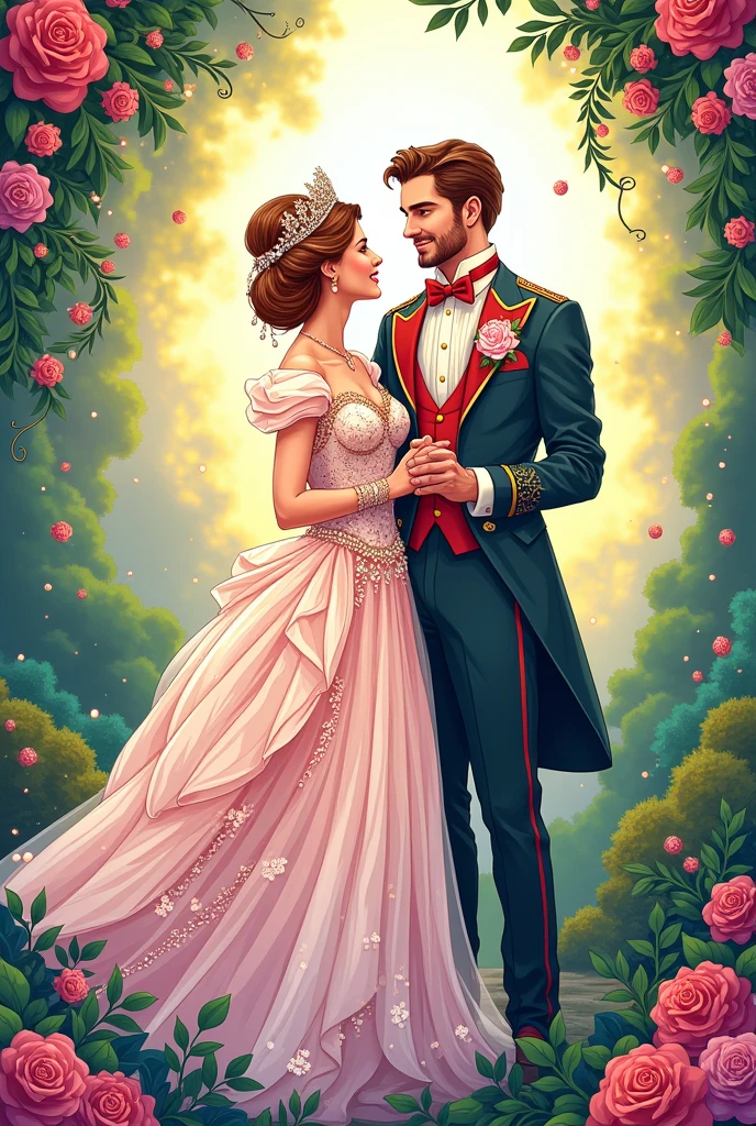 High detail vector drawing of a princess and prince wedding showing their full bodies in the picture. Colorful line art drawing. Vector drawing. 