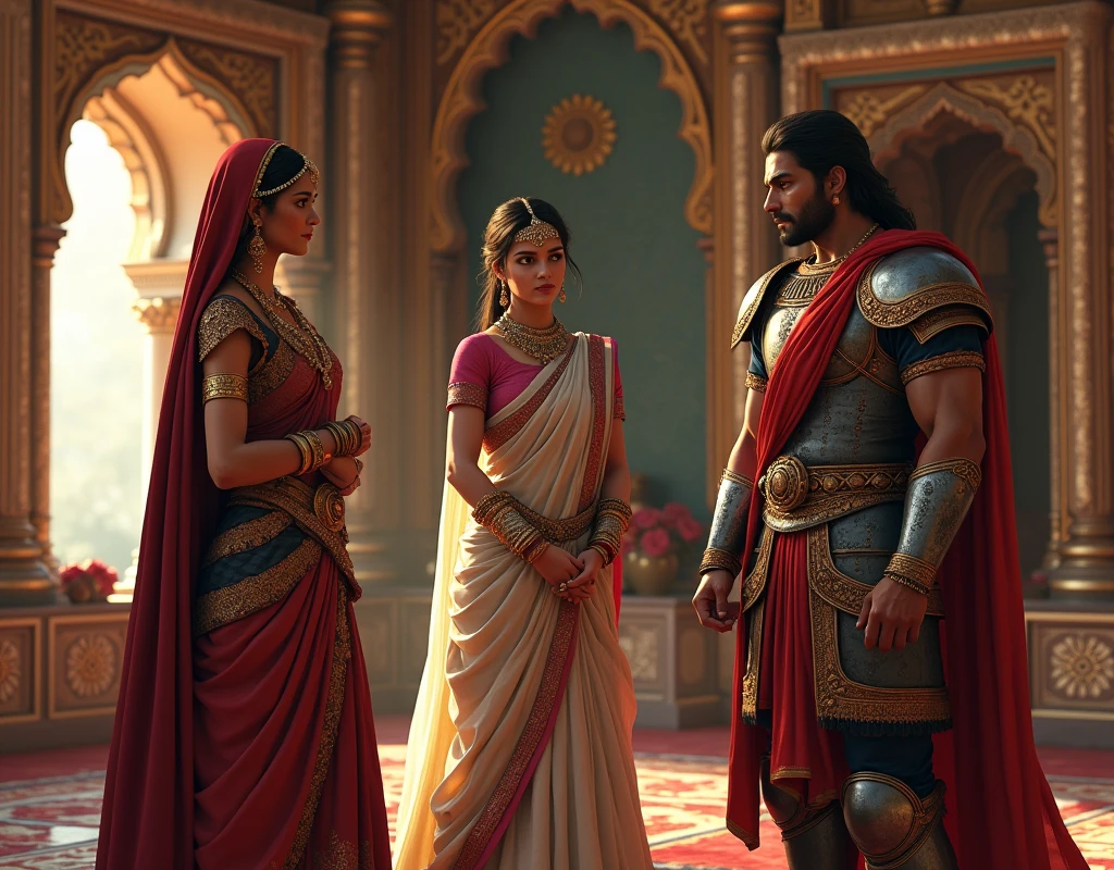 The rajput warrior and his new wife and her brother standing in our room, the rajput kingdom , the two rajput warrior and female rajput warrior , he was standing in the room , in the room , room , the two warrior , talking together 