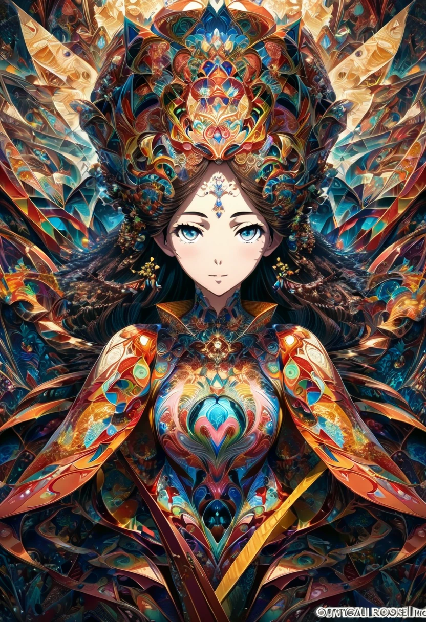 Ink painting, (((1 girl )), (((Tattoo in the middle of the forehead))), (((Oiran))), (((Great hair accessories))), Demon possession, , (((Masterpiece、Top quality للصورة、Highest quality、وحدة Very detailed 8ｋWall paper))), ((And covered with jewelry, an illustration of a single girl、All body covered))、(((beautiful girl))), (Masterpiece, Top quality, Best quality, Official art, Beautiful and aesthetic:1.2), A girl stood alone in front of an amazing work of art., Her eyes are wide with admiration., (Very detailed), Face up close, (Fractal art:1.3), All body covered بدقة, The intricate patterns and colors of the Fractal artwork surrounded her, Every line and curve is carefully designed..Colorful spirals and geometric shapes blend seamlessly., Resulting in the creation of a stunning piece that captured the essence of abstract beauty.. (Top detailed), Every little detail is meticulously drawn., She invited viewers to explore the depths of art and lose themselves in its complexities..