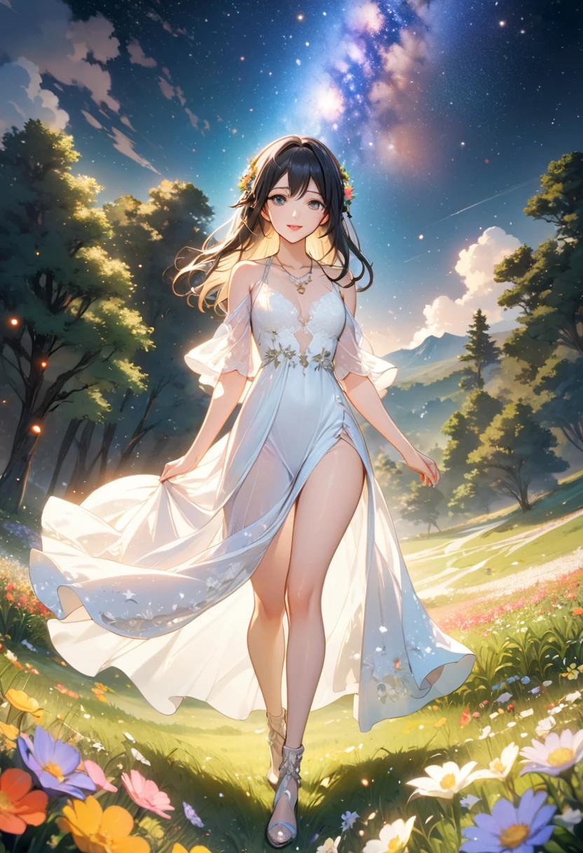 (masterpiece、Highest quality、8k、High resolution)、1 female、Beautiful eyes with slit length、Cute lips、Beautiful Nose、Brownish black hair、smile、(Best anime girl)、Green grassland with forest view、Walking,Colorful flowers blooming in the field,A bright night with the stars clearly visible、milky way、Mysterious light particles from the whole body、Colorful light particles、A mysterious light shining around your head、melt、jewelry、necklace、White lace dress、(Beautiful full body style)、Highly detailed anime art、A complete portrayal、