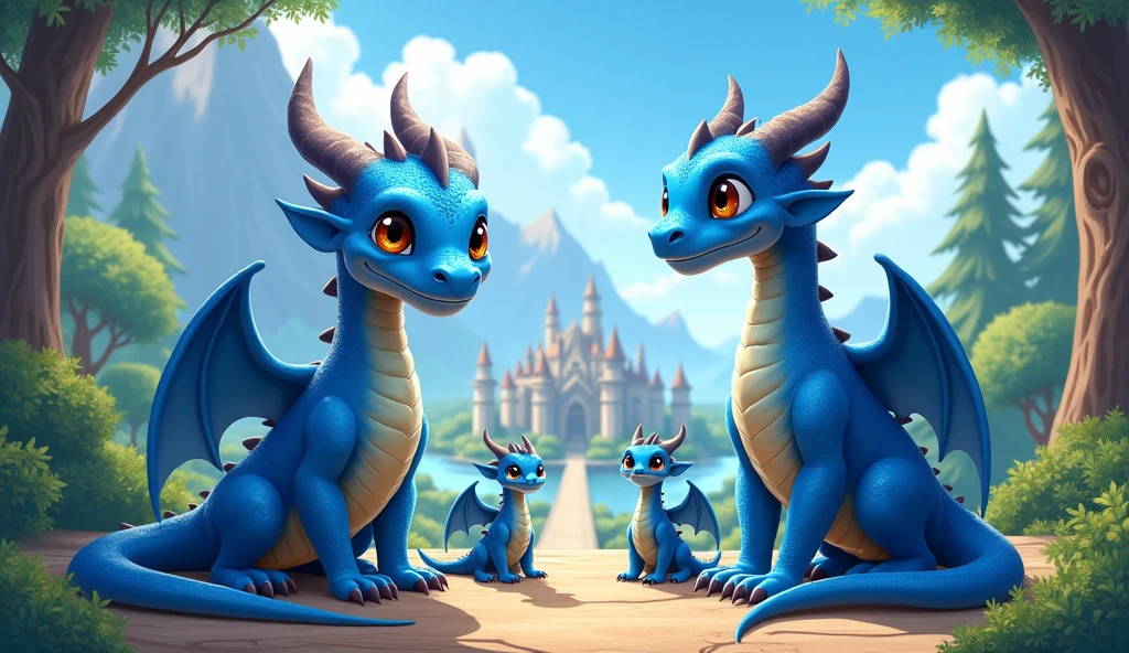 A beautiful dragon kingdom with the blue dragon’s family eagerly waiting. Make the dragon ???'s friendly.