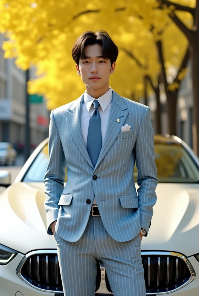 (One wearing a full light blue striped suit、White shirt、tie、Japanese man about 180cm tall)、best quality、masterpiece、Ultra-high resolution、(Photo realism:1.4)、original photo、(街道上One wearing a full light blue striped suit、White shirt、打tie的年輕英俊的日本男人、Standing under the ginkgo tree、Yellow and big ginkgo leaves、Clear details of leaves)、(There is a white BMW840I next to the man、Man&#39;s hands on car roof) shadow、Octane Rendering、8K、super sharp、real light、(There is only one white BMW on the street、man&#39;s shining eyes、looking in the direction of the camera)、super high quality、High target、gentleman、very beautiful hair、Bright photos、The man is as handsome as a model and as handsome as an idol,Professional profile photo, Professional portraits、Realistic portraits, Detailed color portrait, Idol portrait, high quality photos.