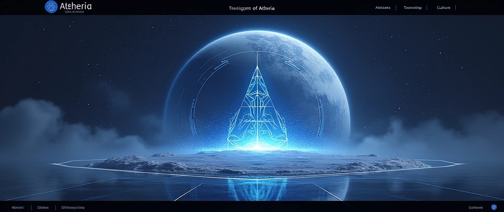 Design the homepage and several pages of a website for the Kingdom of Aetheria. The homepage should feature a grand, futuristic welcome with a sleek interface, including a logo of Aetheria, a navigation bar with options such as 'About Aetheria,' 'Citizenship,' 'Technology,' 'Culture,' and 'Contact.' Each page should be visually distinct but cohesive, with a minimalist yet modern design, utilizing the symbols previously created to represent Aetheria. The overall theme should be clean, elegant, and futuristic.