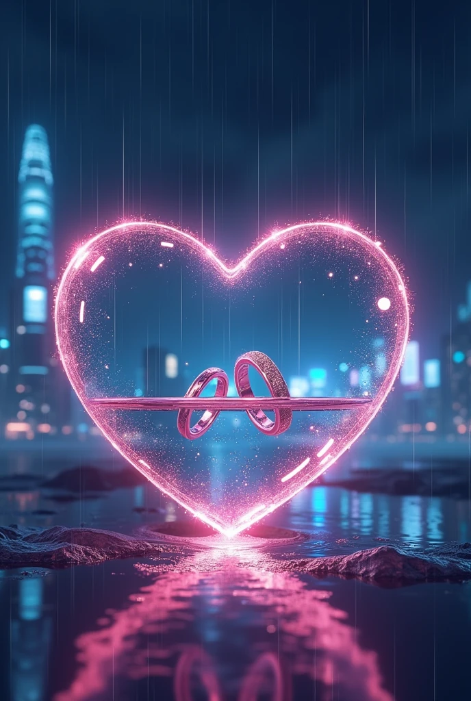Rain landscape、Distinct and Real City、A fantasy scene with blue and black as the main colors、Pink Heart、Cartier gold ring、Angled three-dimensional glass open heart、Neon color、There are two engagement rings inside the glass heart、One ring is placed to the side and the other is d at an angle.、Fantasy、romantic、high resolution、Wide angle、distinct、Real、vivid、beautiful、masterpiece、panorama、extensive、Light and shadow details、The water is clear and shiny、The water faithfully reflects the scenery、ズームアウト✕3倍、