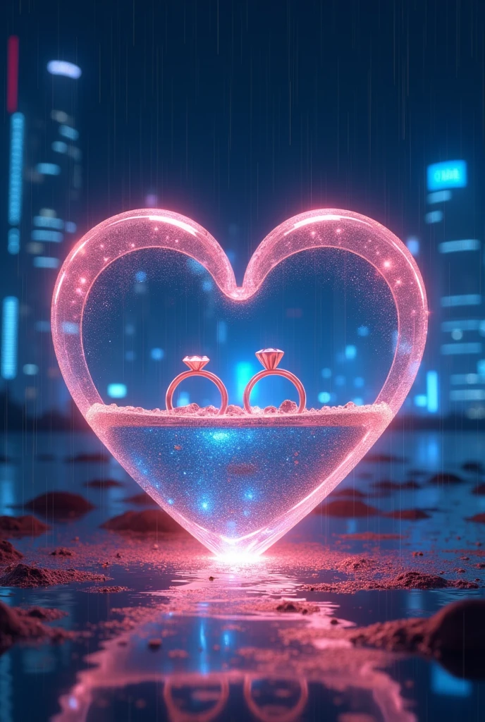 Rain landscape、Distinct and Real City、A fantasy scene with blue and black as the main colors、Pink Heart、Cartier gold ring、Angled three-dimensional glass open heart、Neon color、There are two engagement rings inside the glass heart、One ring is placed to the side and the other is held at an angle.、Fantasy、romantic、high resolution、Wide angle、distinct、Real、vivid、beautiful、masterpiece、panorama、extensive、Light and shadow details、The water is clear and shiny、The water faithfully reflects the scenery、ズームアウト✕3倍、