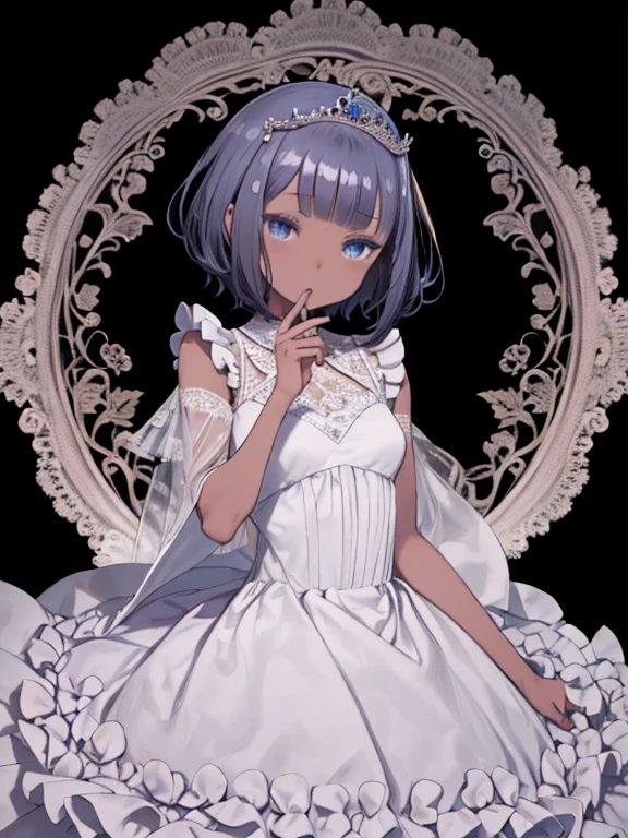 masterpiece, Highest quality, Very detailed, High resolution, Japanese anime,One girl, (Dark Skin:1.2), Golden Hair, (short hair:1.4), (Blunt bangs:1.3), Curly Hair, Wavy Hair, Drill Hair, (eyelash:1.3), (eye shadow:1.3), (blue eyes:1.5), (Beautiful attention to detail:1.4), Eyes half closed, Height: 130cm, original character, Fantasy, (Black background:1.2), Beautiful fingers, Are standing, (Lace Ruffled Dresses:1.5), (tiara:1.5) , Shoot from the front, View your viewers