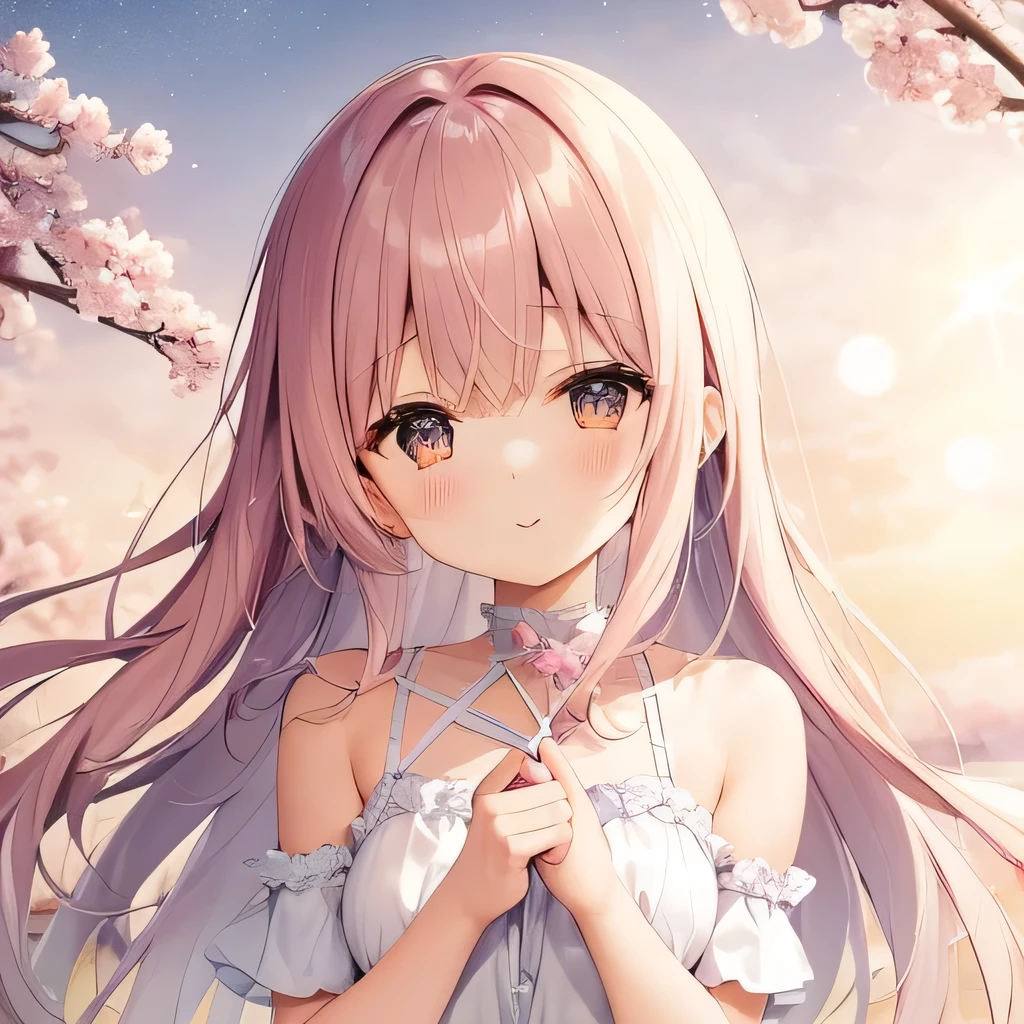 Angel、Wrapped in a soft pastel color background、愛らしいAngelのキャラクター。Angelは小さな白い翼を持ち、She has a gentle smile。She has a heart-shaped arrow in her hand、The arrow symbolizes the power of love.。Pale pink and purple clouds float in the background.、Stars and little hearts are shining。Angelの周りには花びらが舞い、The warm light that symbolizes love and happiness shines.。The overall tone is romantic.、It's an atmosphere full of love and kindness.。