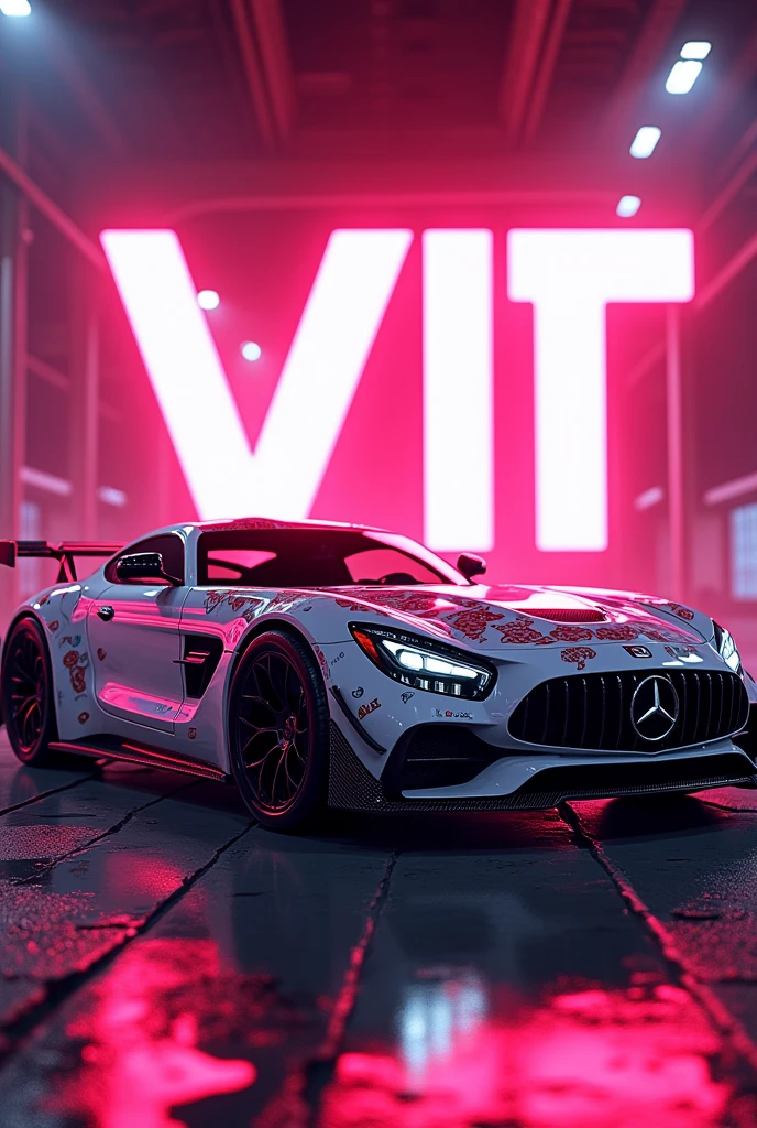 Logo with the term VIT and a car in GTA style and pink and optically painted