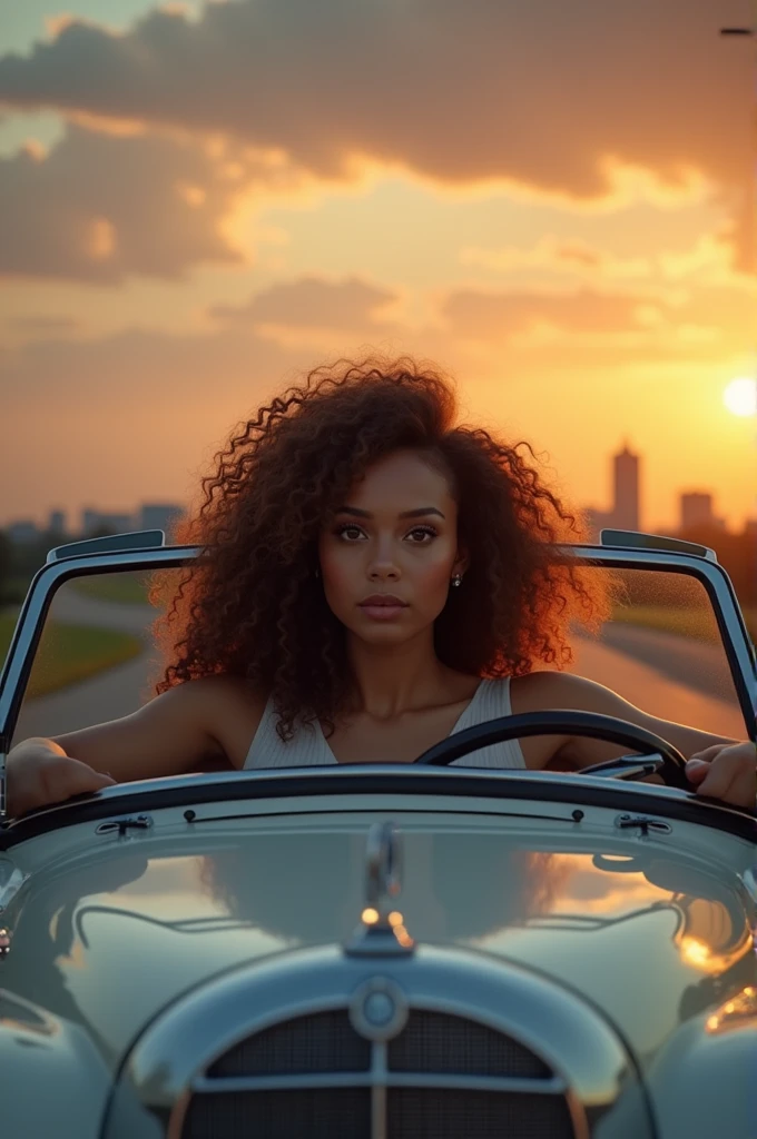 The woman with curly hair in sunset tone is going out of the city in her white Mercedes car. Let the sun rise first and then the moon on her way.