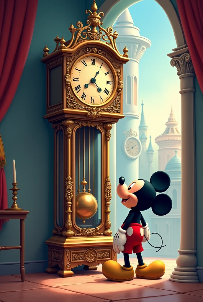 Mickey Mouse next to a giant clock