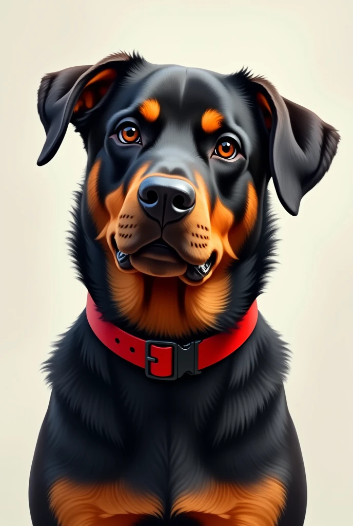 Realistic illustration of a rottweiler dog mixed with a German shepherd, has a red collar, Friendly face, has drooping ears.


