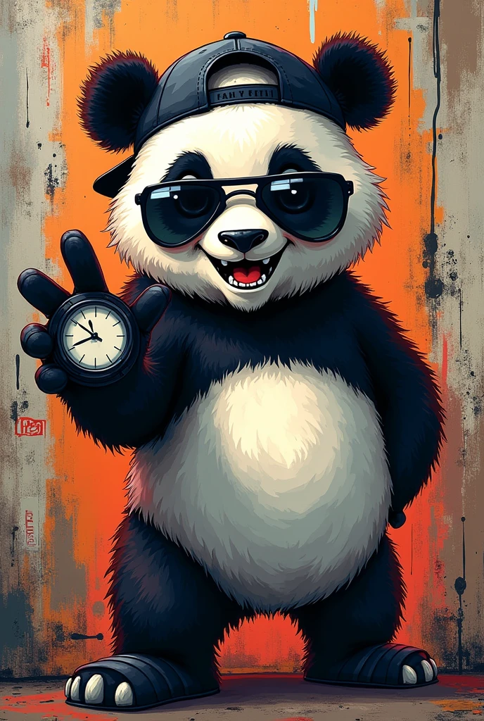 An animated graffiti-style panda wearing black sunglasses with a cap backwards showing his hand with a clock on it