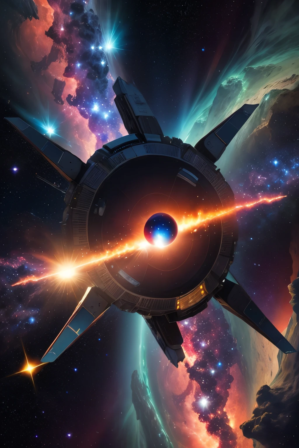 Super spacecraft in the asteroid belt, ultra detalhada, a nebula in the distance