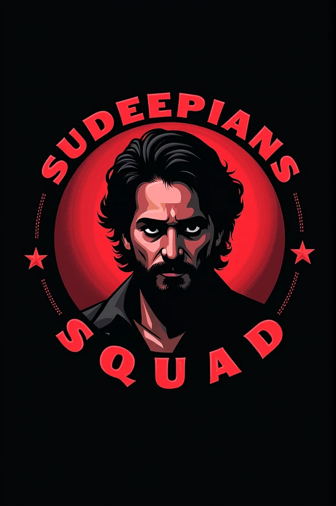 Create a logo with circle shape named as sudeepians squad and background colour dark black and dark red it should be good and modern mixture and add kiccha sudeep good  image font color should be matching the background 