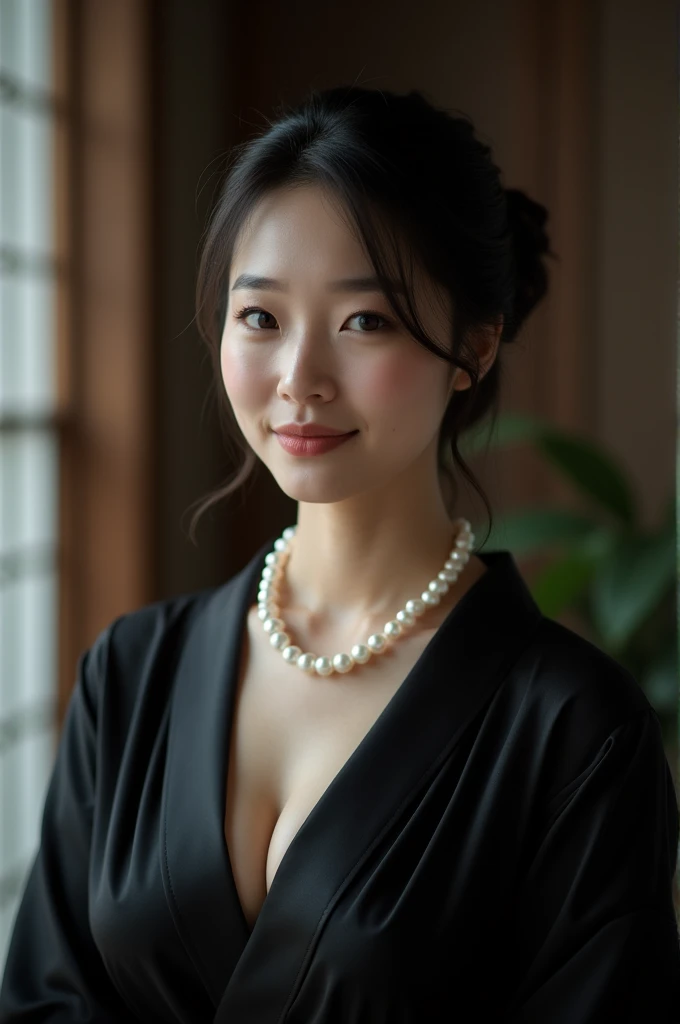 (Highest quality、Highest quality、8k resolution、masterpiece、Professional photography、Award-winning works)、(Mature 3 beautiful Japanese woman:1.1)、(Funeral:1.1)、(Blurred background of a spacious and elegant Japanese-style room:1.1)、(Strongly blurred background:1.1)、The most romantic and moody atmosphere、(The perfect black mourning outfit:1.2)、(Pearl Necklace:1.1)、Standing Elegantly、Voluptuous body、(A sad smile looking at me:1.1)、(Large Breasts:1.1)、(Cleavage:1.5)、Perfect Makeup、Beautiful lipstick、Elegant eyeshadow、Long eyelashes、Ultra-high resolution glossy skin、(Accurate anatomy:1.1)