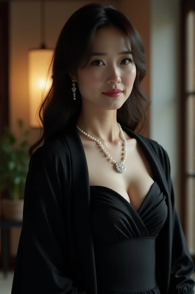 (Highest quality、Highest quality、8k resolution、masterpiece、Professional photography、Award-winning works)、(Mature 3 beautiful Japanese woman:1.1)、(Funeral:1.1)、(Blurred background of a spacious and elegant Japanese-style room:1.1)、(Strongly blurred background:1.1)、The most romantic and moody atmosphere、(The perfect black mourning outfit:1.2)、(Pearl Necklace:1.1)、Standing Elegantly、Voluptuous body、(A sad smile looking at me:1.1)、(Large Breasts:1.1)、(Cleavage:1.5)、Perfect Makeup、Beautiful lipstick、Elegant eyeshadow、Long eyelashes、Ultra-high resolution glossy skin、(Accurate anatomy:1.1)